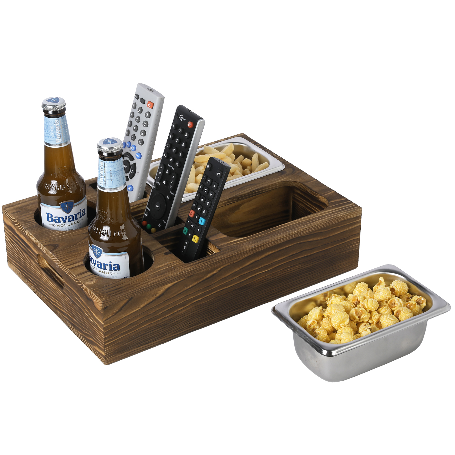 MyGift Burnt Brown Wood Sofa Couch Snacks Caddy Serving Crate Tray with 2 Cup Holders and 3 Remote Control Slots