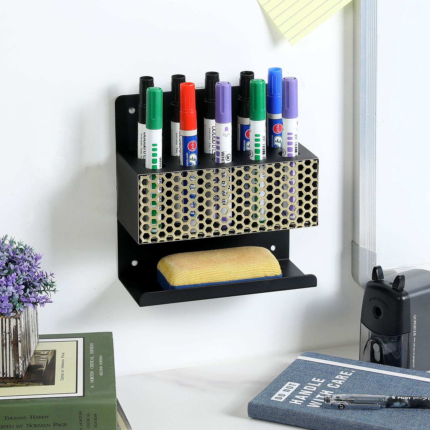 10 Slot Wall Mount Black Metal Dry Erase Marker Holder, Honeycomb