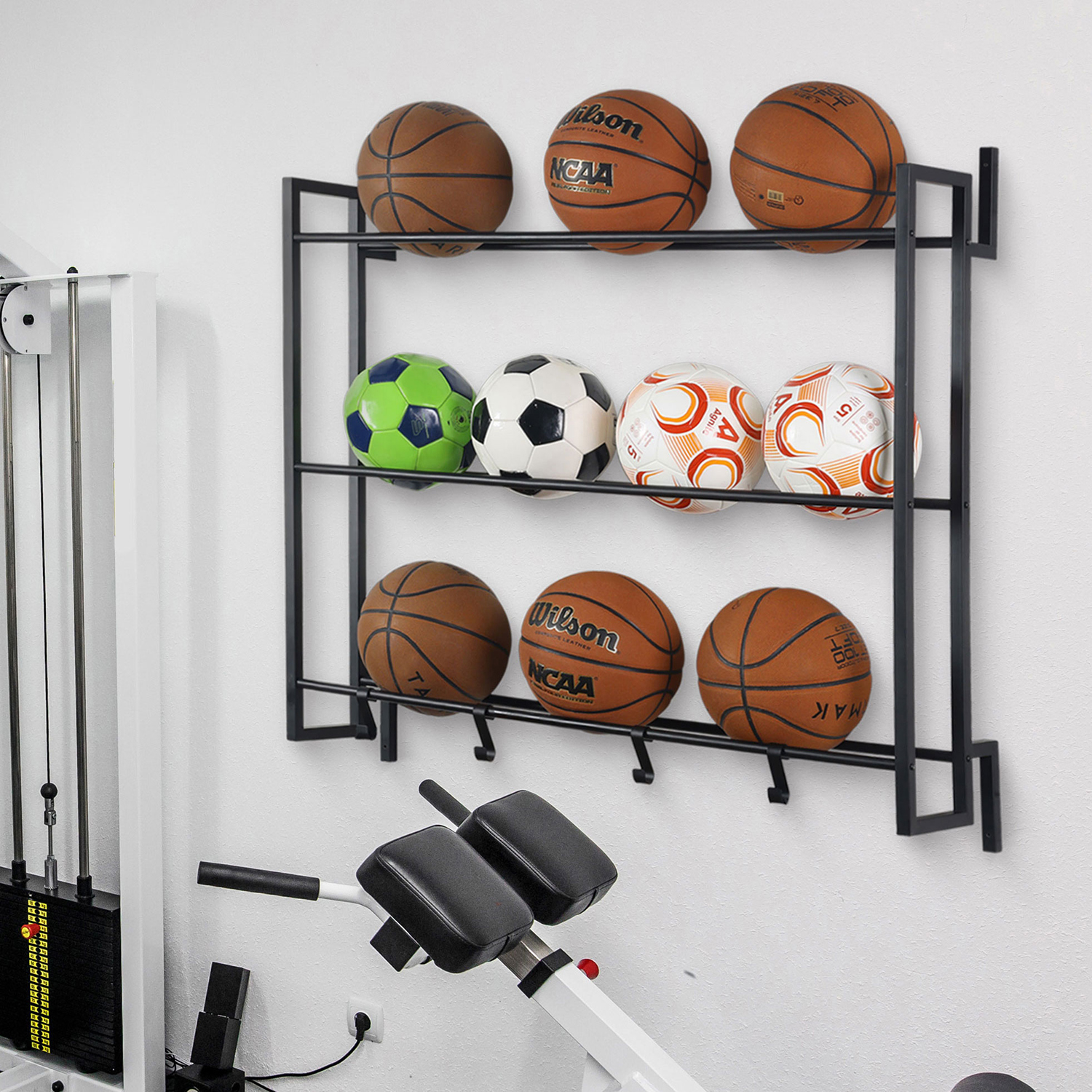 Modern Matte Black Metal Sports Ball Rack - Gym Equipment Storage w/ 4 S-Hooks